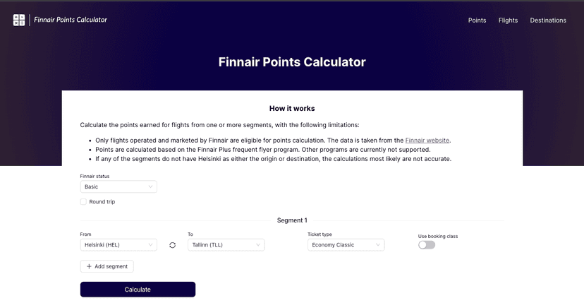Finnair Points Calculator